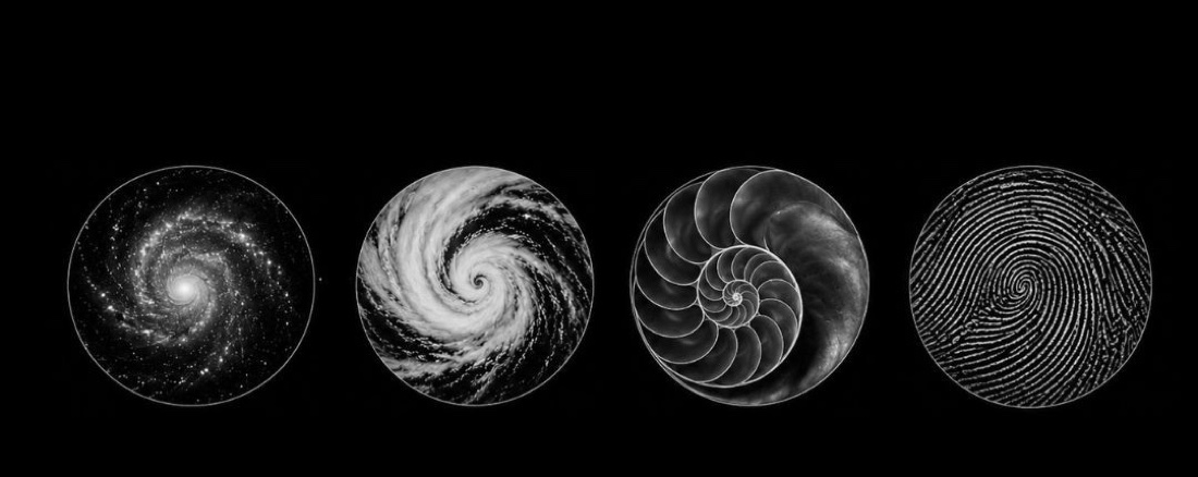 Four spirals side by side — a galaxy, a hurricane, a nautilus shell, a fingerprint